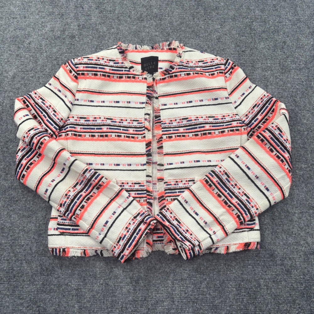 Belle Vere Tweed Jacket XS‎ White Orange Striped Fringed Boucle Blazer Women'd